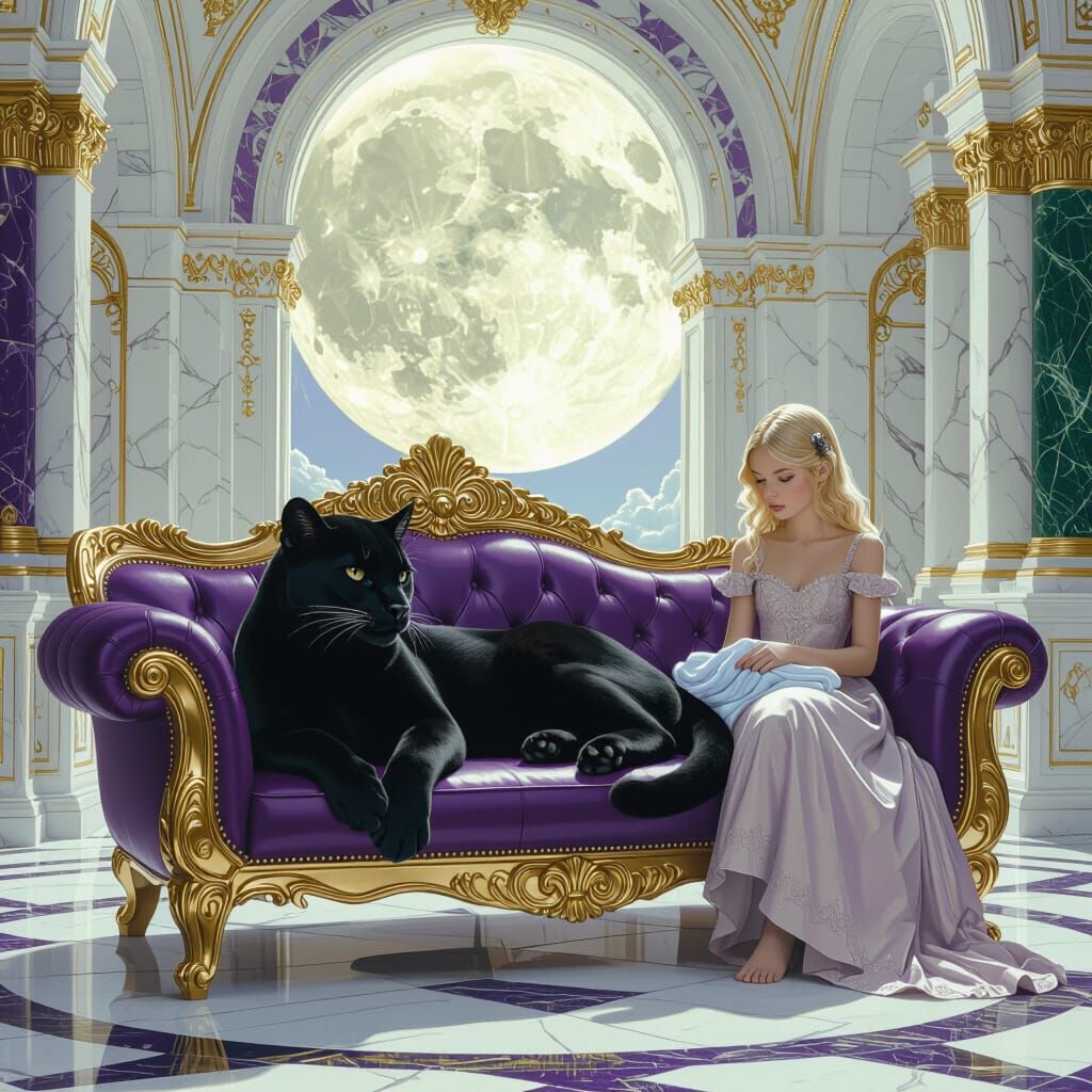 Puma on Purple Couch in Lunar Palace, Fantasy Art