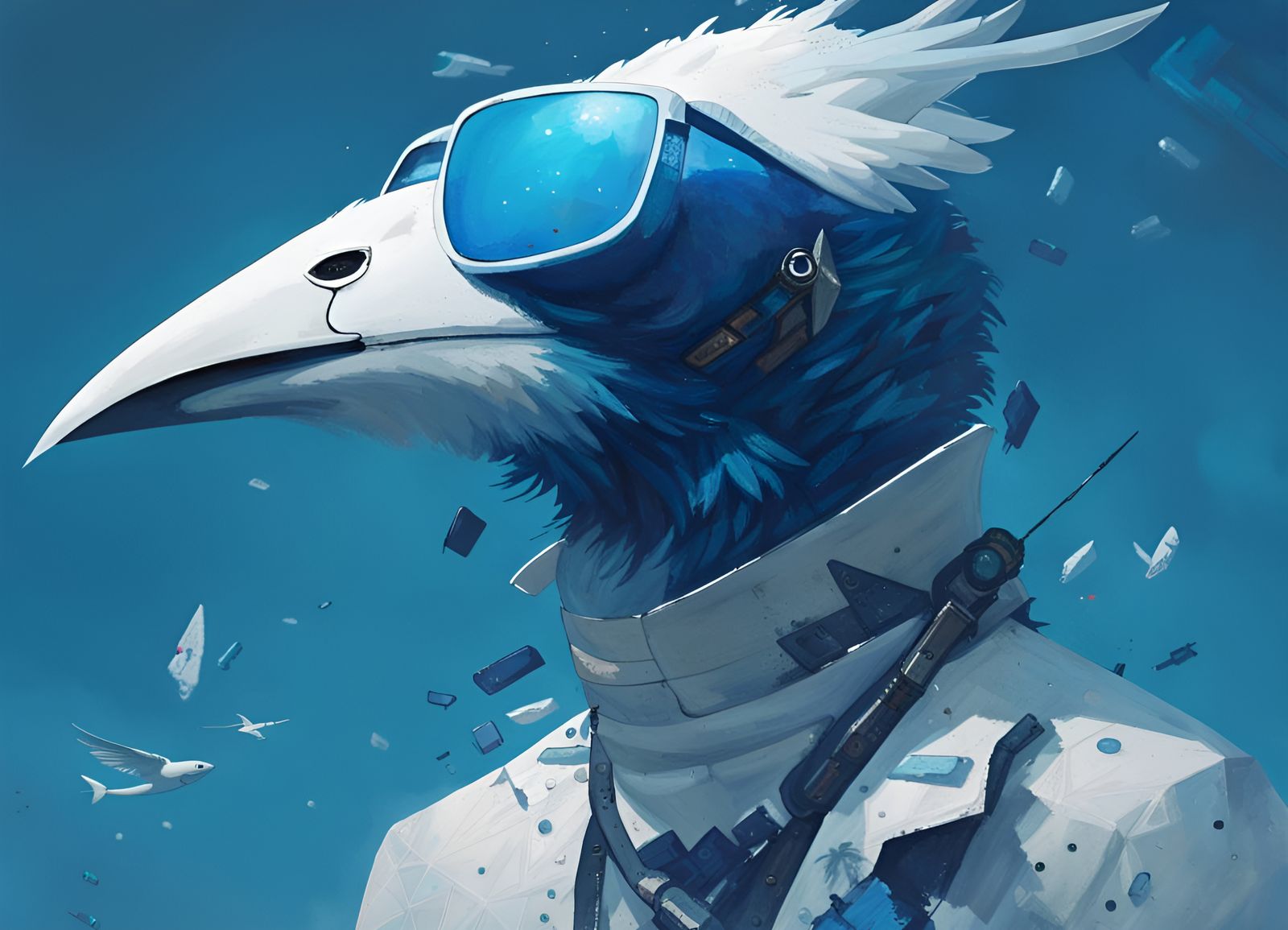 Blue Porcelain Bird in Flight, Cyberpunk Style