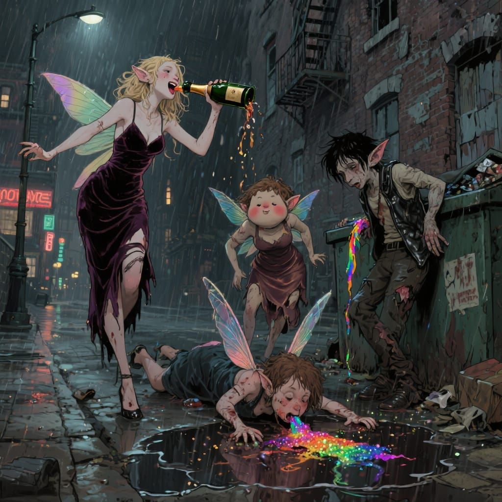 Drunken Fairies in City Street: Jean Baptiste Monge Style