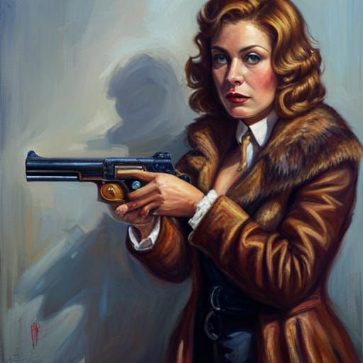 Female Mafia Boss in Fur Coat, Oil Painting
