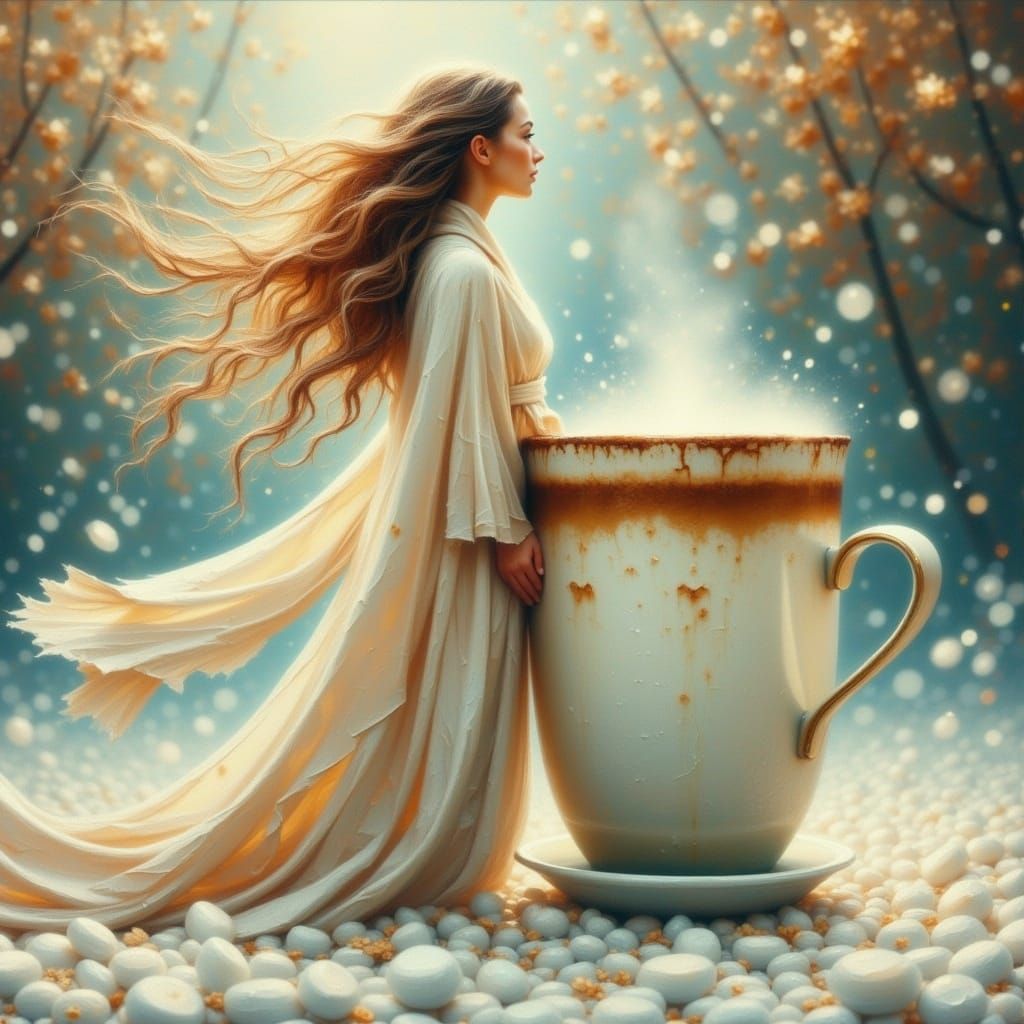 Ethereal Coffee Connoisseur in a Dreamy Landscape