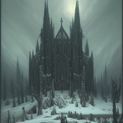 Dark Academia Cathedral by a Lakeside Forest