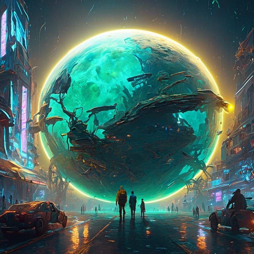 Surreal Cyberpunk Moon Glows in Night Sky