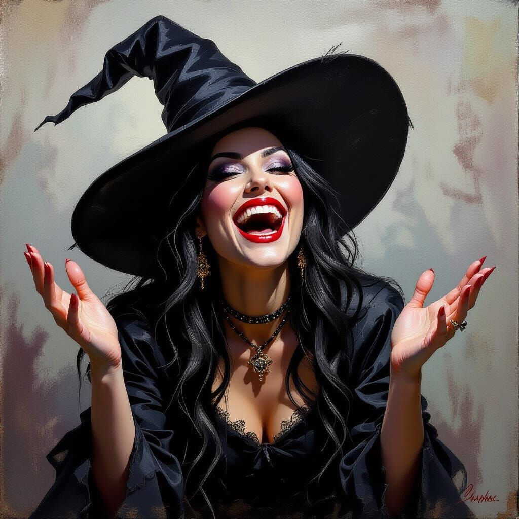 Evil Witch Cackling Maniacally in Oil Painting Style