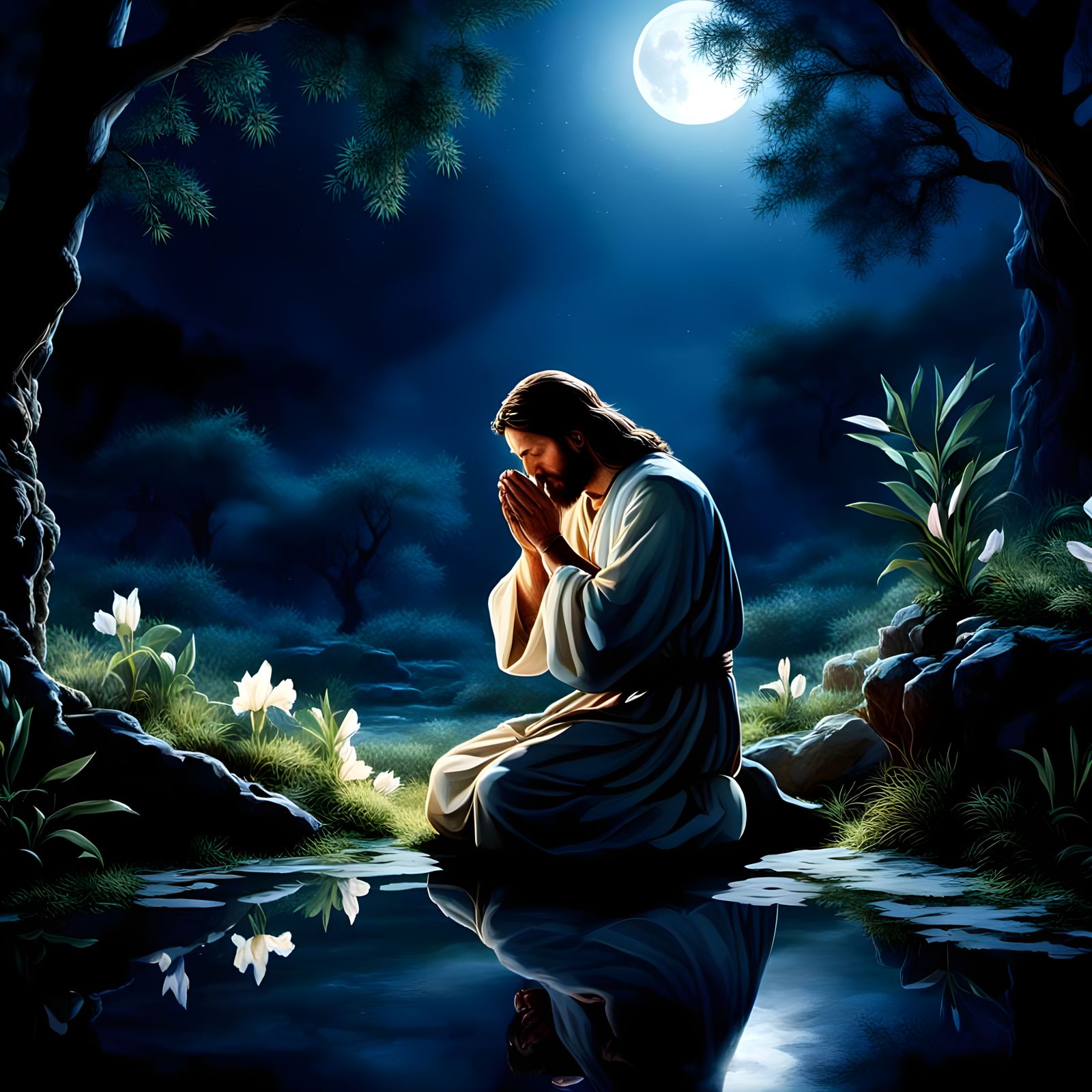 Jesus Praying in Gethsemane Under Moonlight