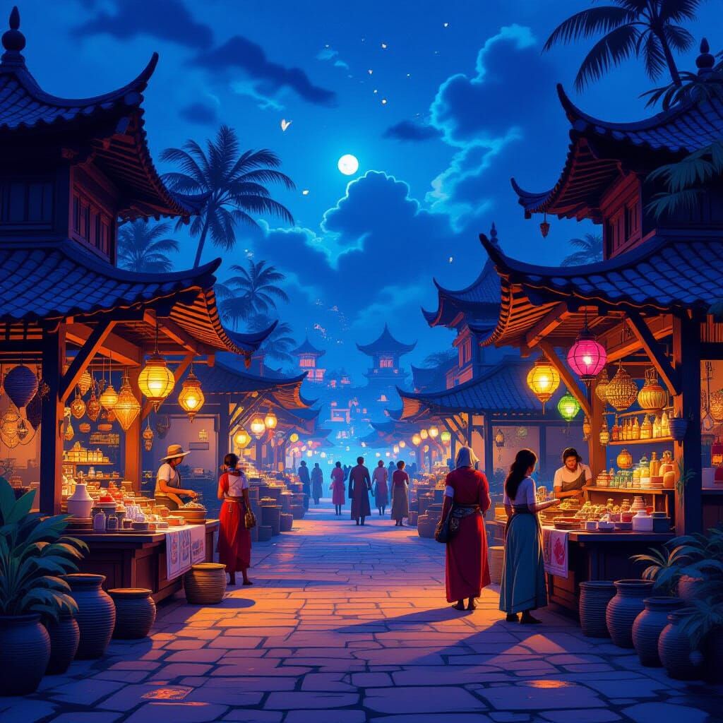 Island Marketplace at Twilight with Enchanted Wares