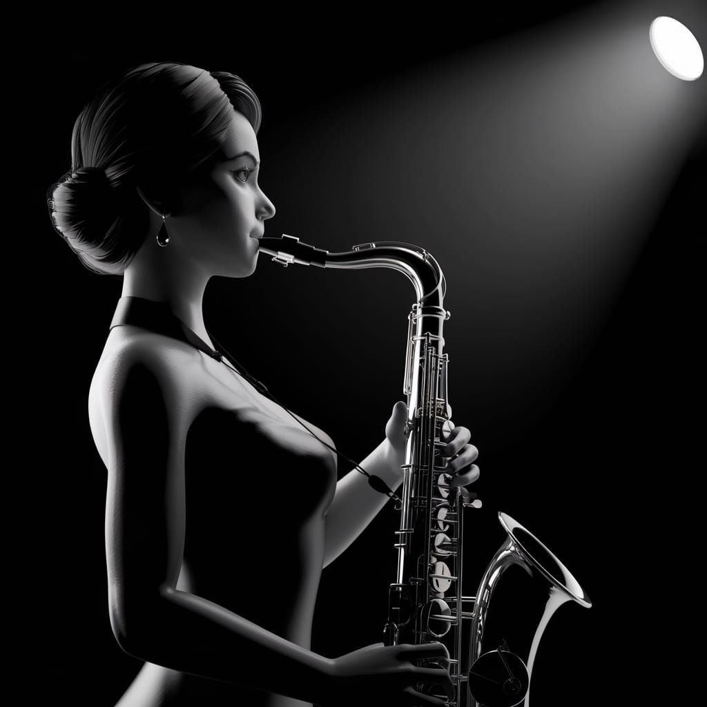Elegant Woman Playing Saxophone in Film Noir Style