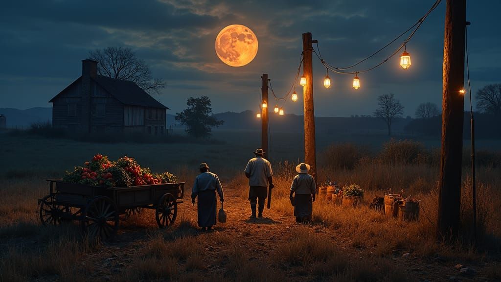 Moonlit Harvest: Farmers Toil in Hyperrealistic Oil Painting