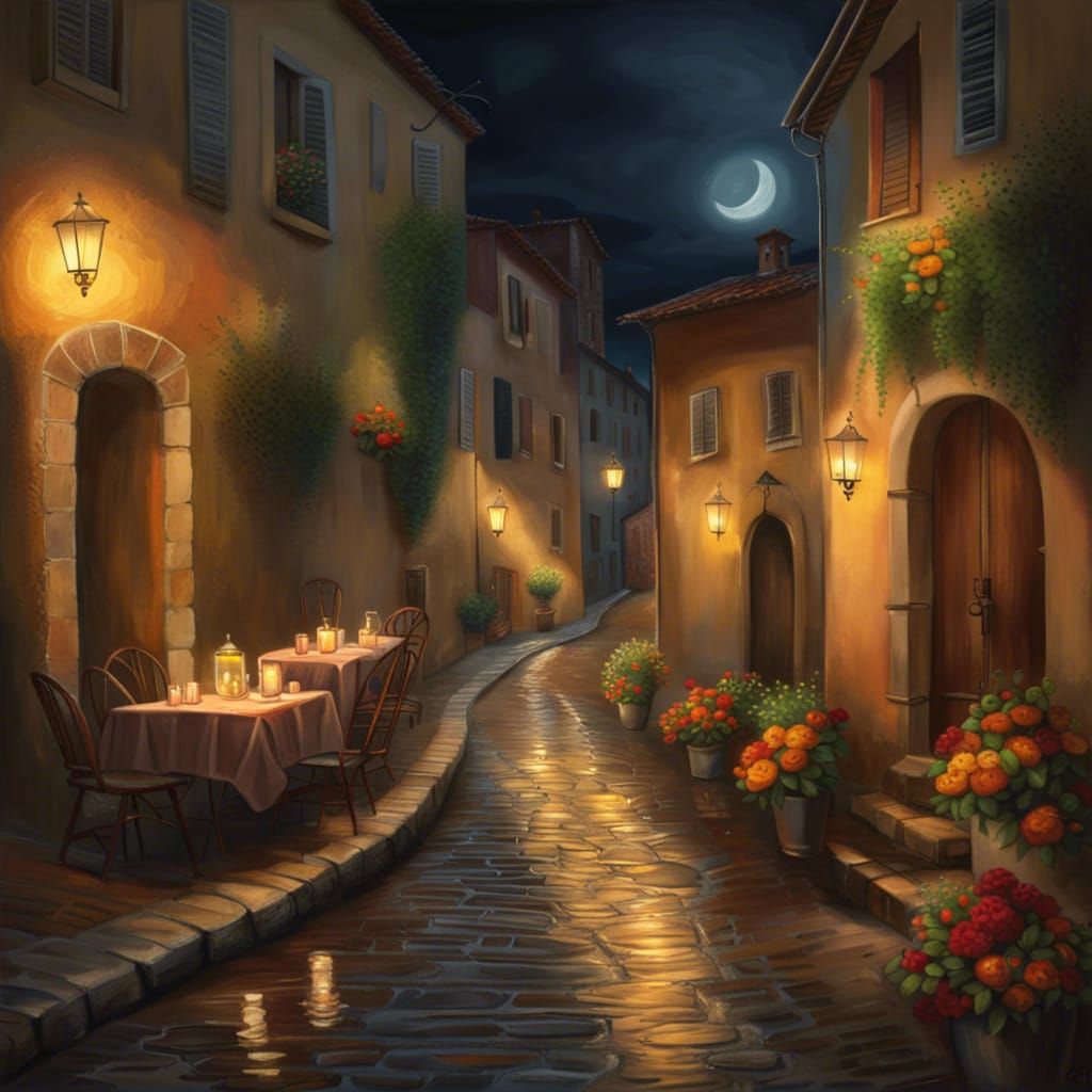 Tuscan Village at Night in Kincade Style