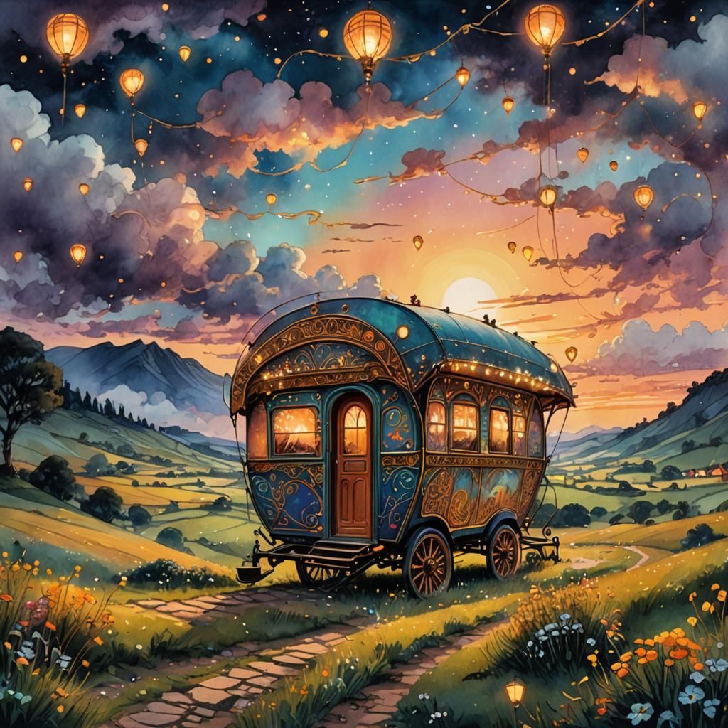 Magical Caravan Ink Sketch in Klimt Style