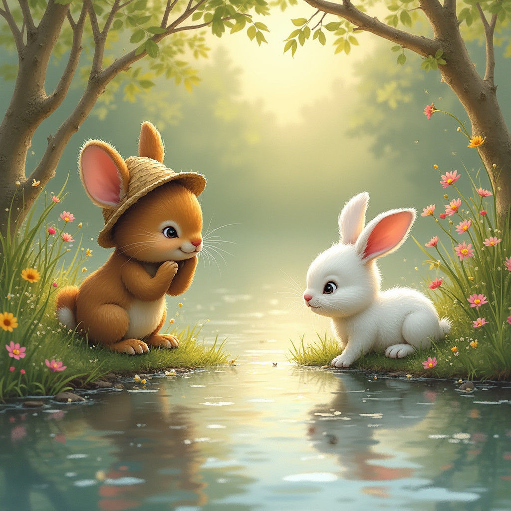 Petit Ours Brun and Lapinou Blanc by the River