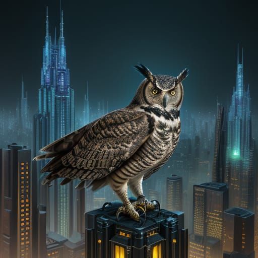 Cybernetic Owl Perched Atop Futuristic Skyscraper
