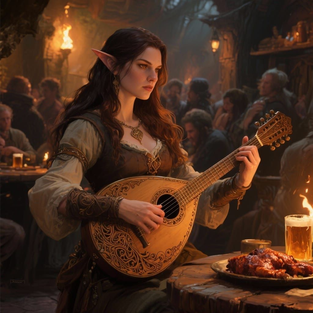 Half-Elf Minstrel Plays Lute in Tavern