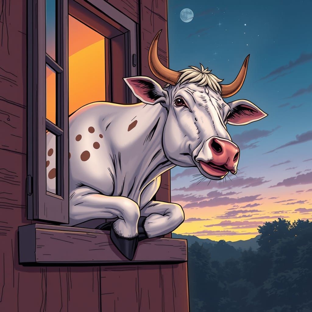 Heifer Leans Out Window-Sill in Comic Book Style
