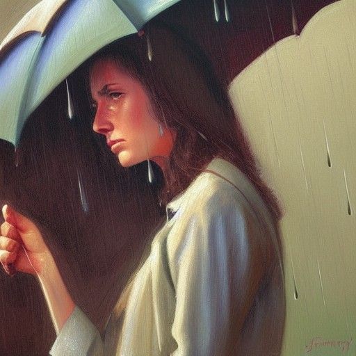 Sad Woman in Rain, Oil Painting