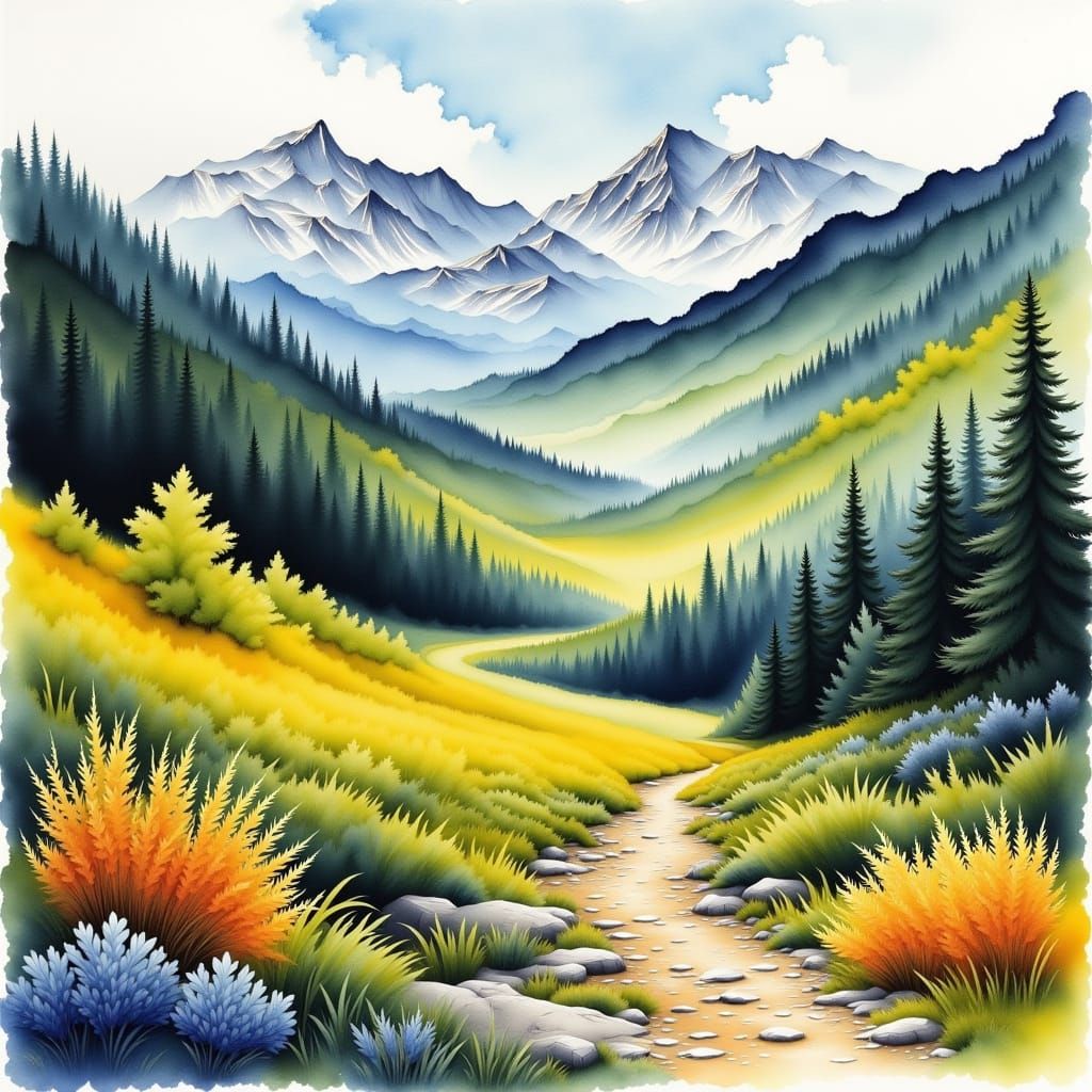 Tranquil Watercolor Mountain Landscape with Winding Path