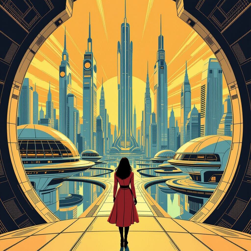 Futuristic Art Deco Cityscape in Graphic Novel Style