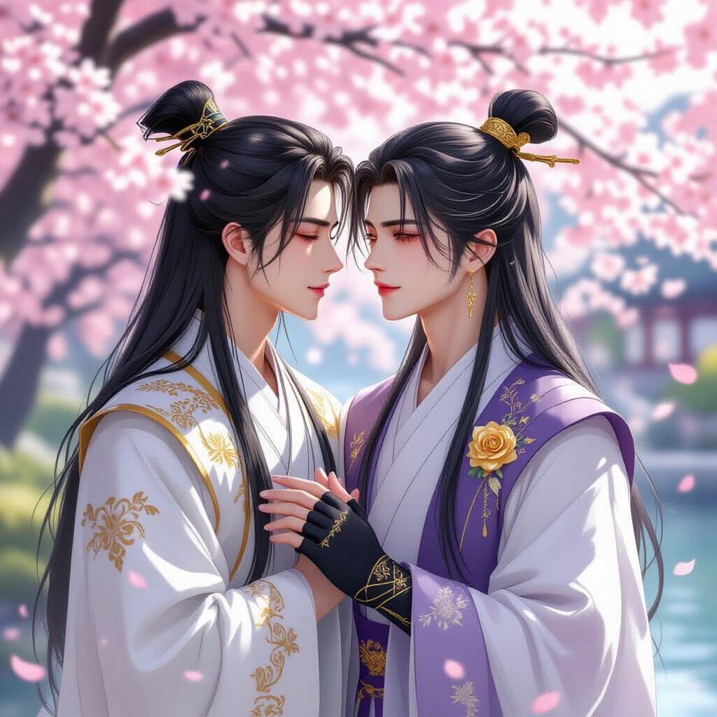 Romantic Cherry Blossom Garden Scene with Royal Hanfu