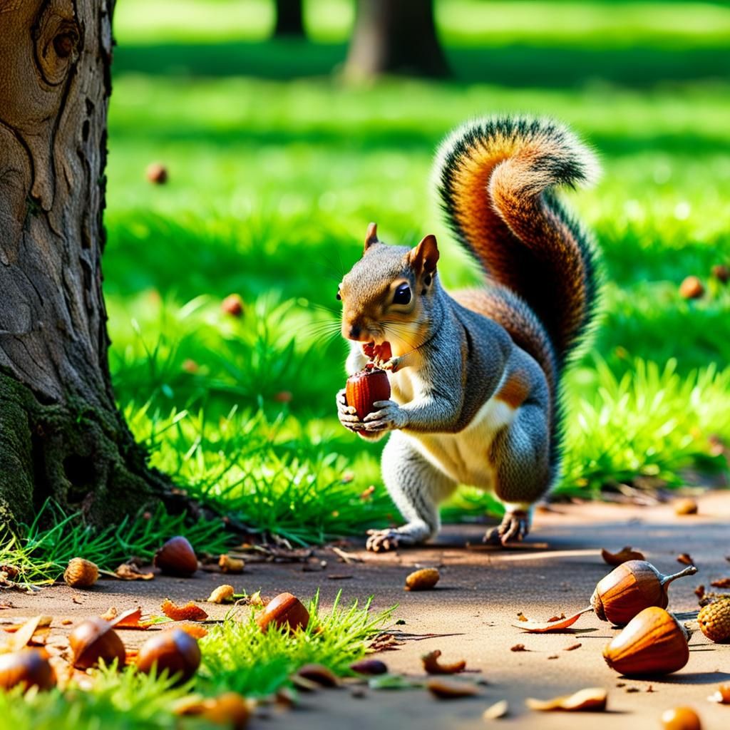 Squirrel Eating Acorn in Park Scene