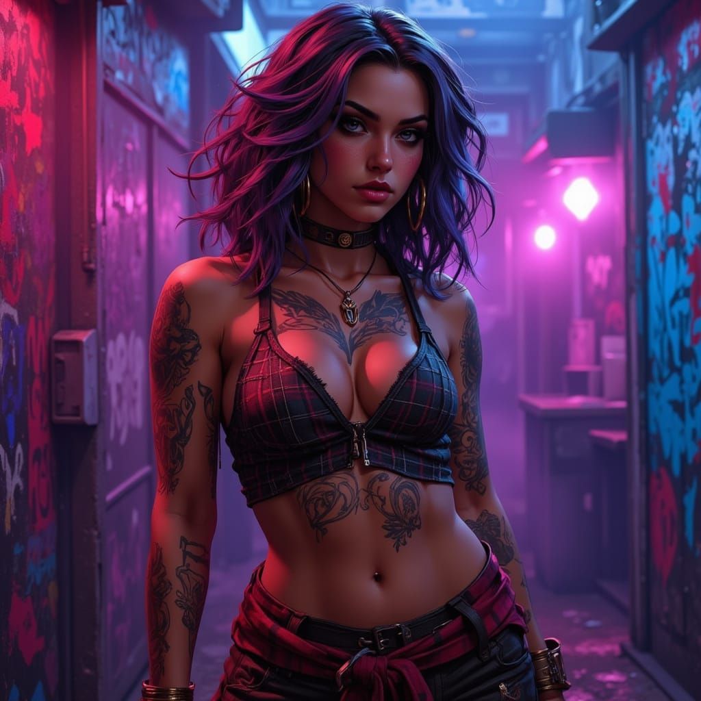 Woman Dancing in Neon Rave, Smoke and Graffiti