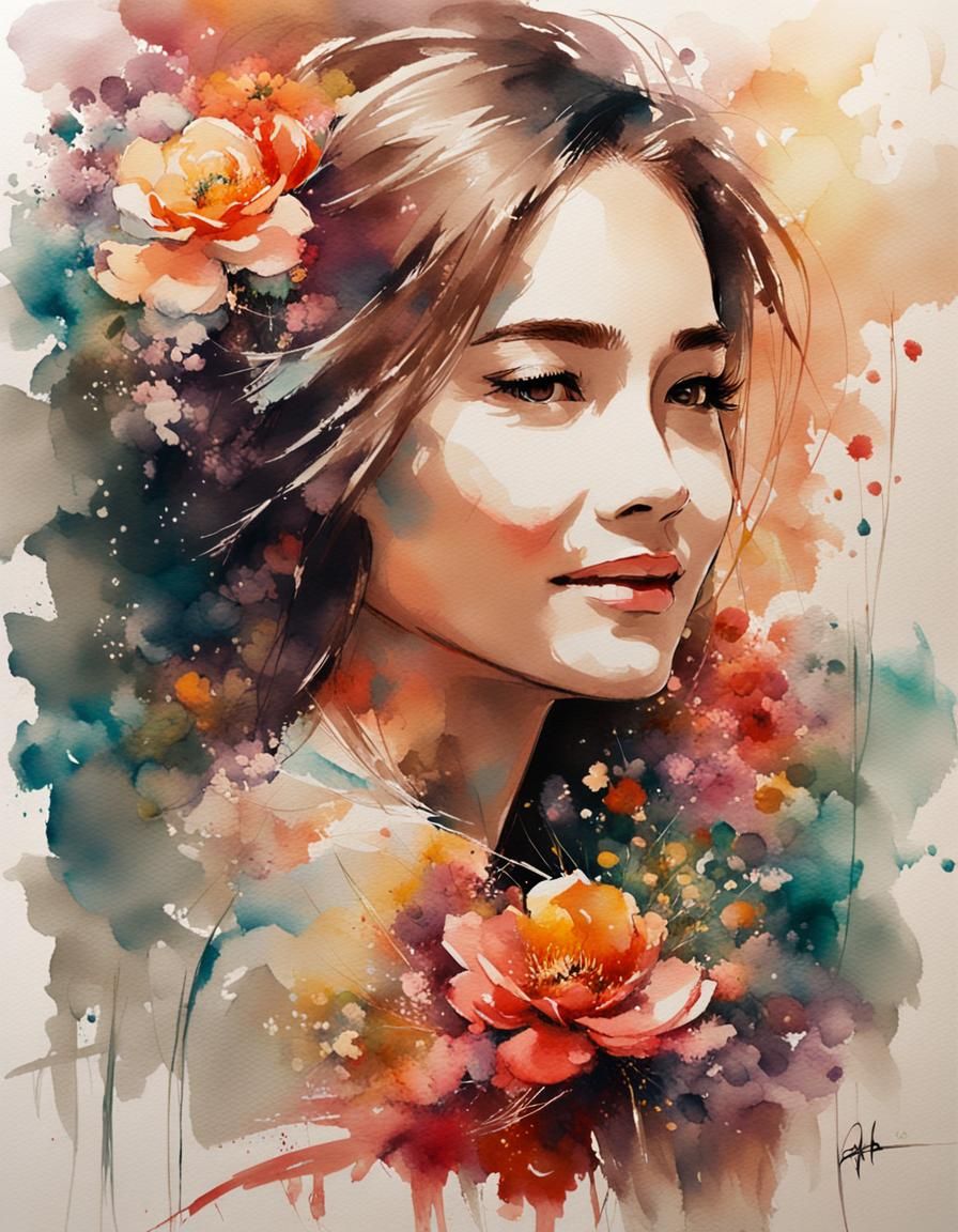 Radiant Girl Portrait with Floral Accents as Watercolor