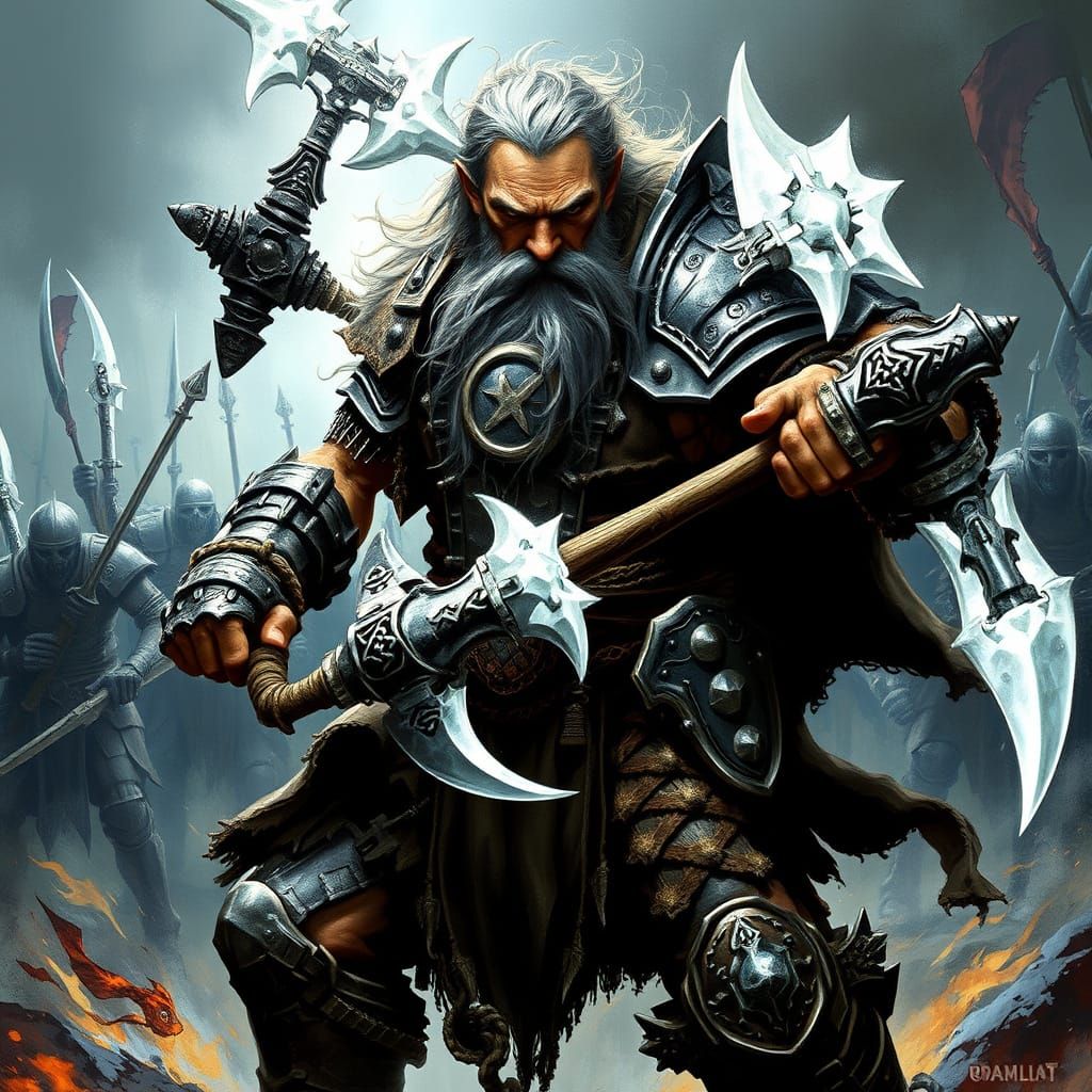 Dwarf Warrior Battles Undead Horde in Fantasy Art