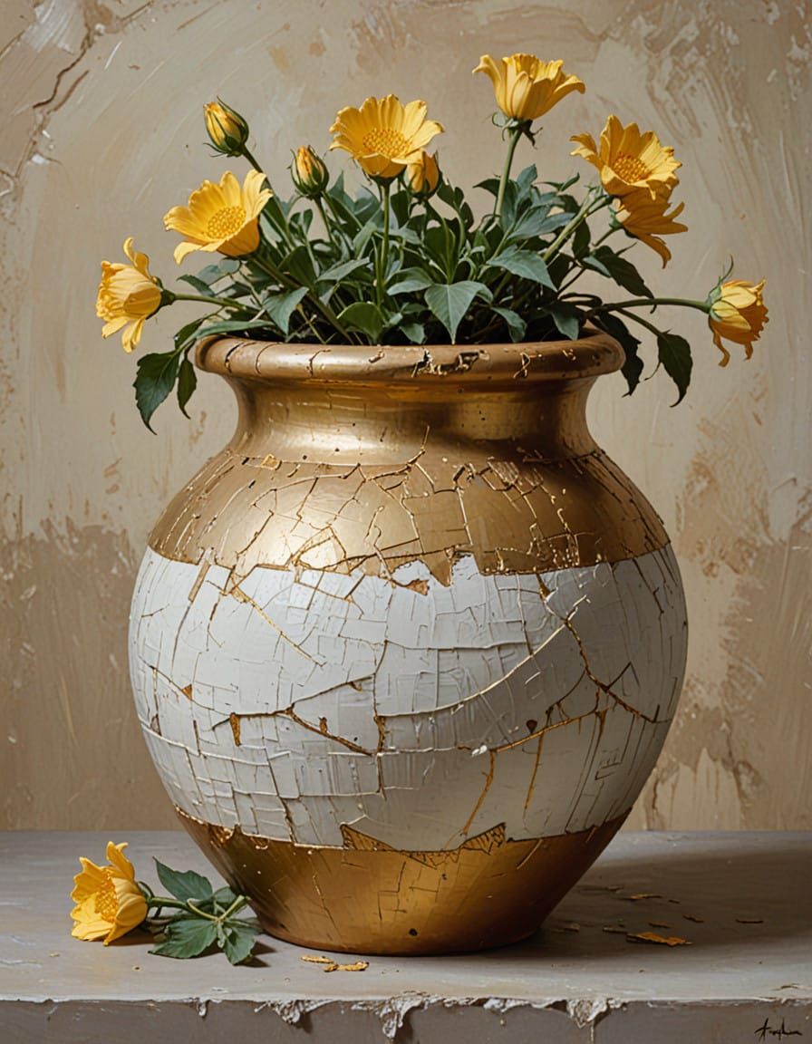 Surreal Oil Painting of a Fractured Clay Vase in Monet-Inspi...