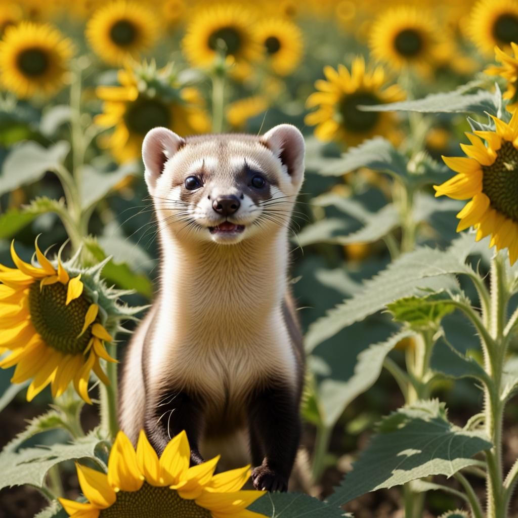 Black-Footed Ferret in Sunflower Field