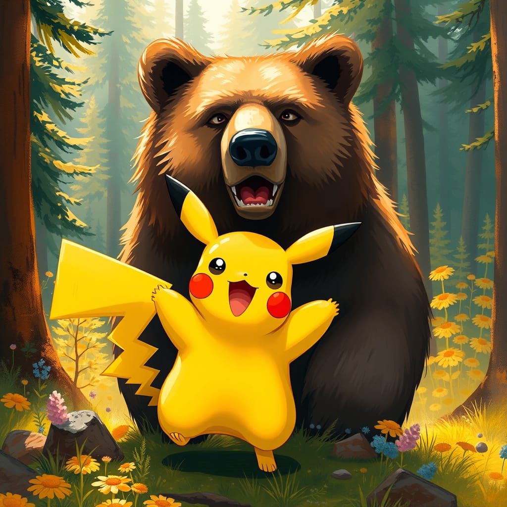 Pikachu Meets the Majestic Grizzly in a Whimsical Forest Sce...