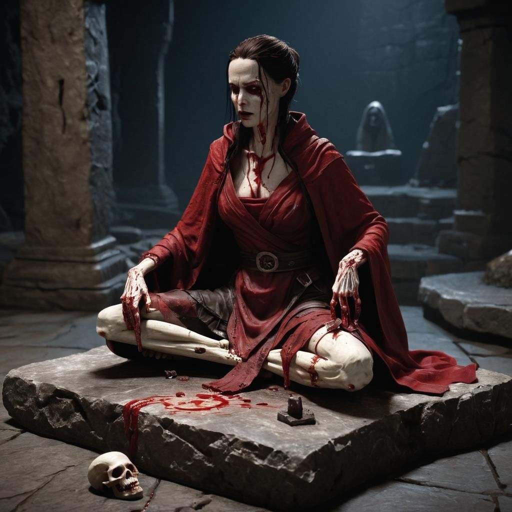 Ominous Figure Carving Bone Figurine in Dark Chamber