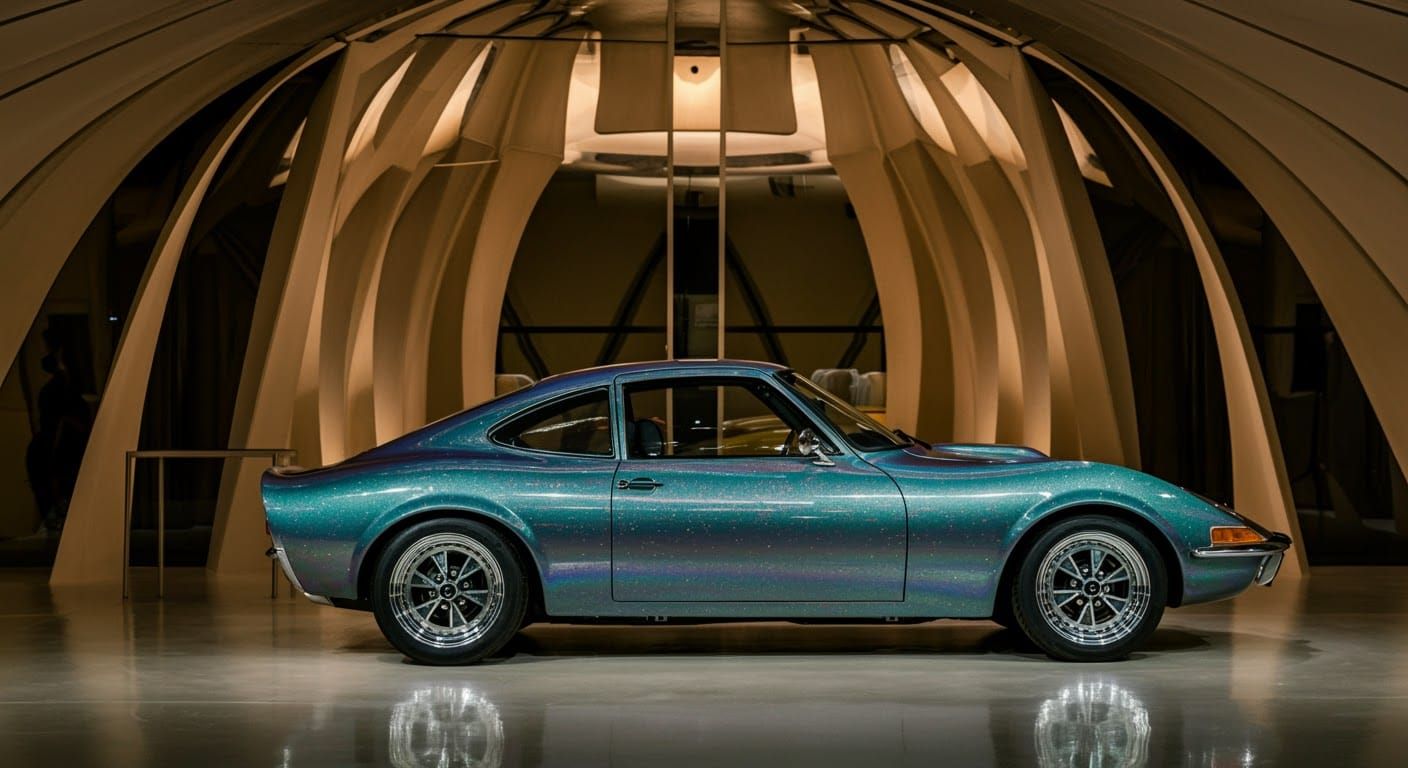 Iridescent 1970 Opel GT in Modernist Showroom