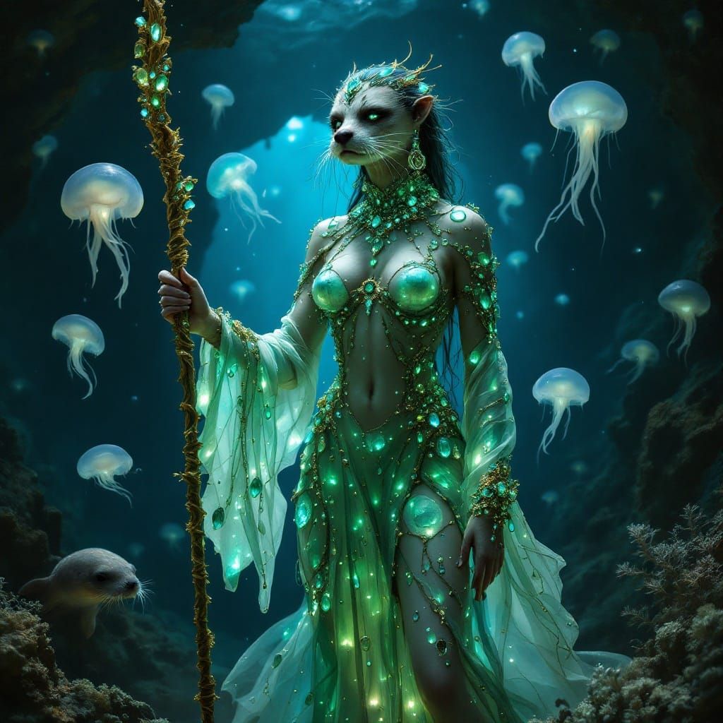 Mystical Otter Mermaid in Glowing Underwater Cave