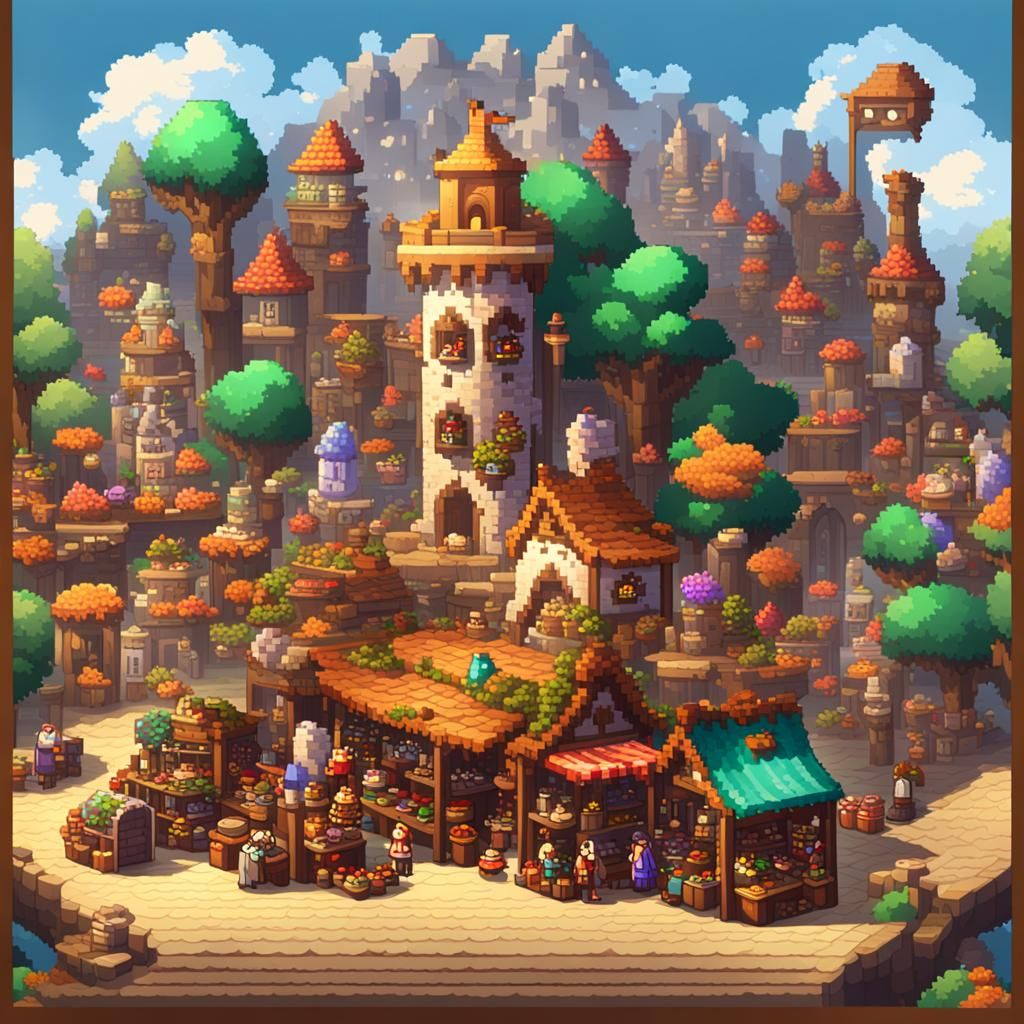 A medieval market square, lively...