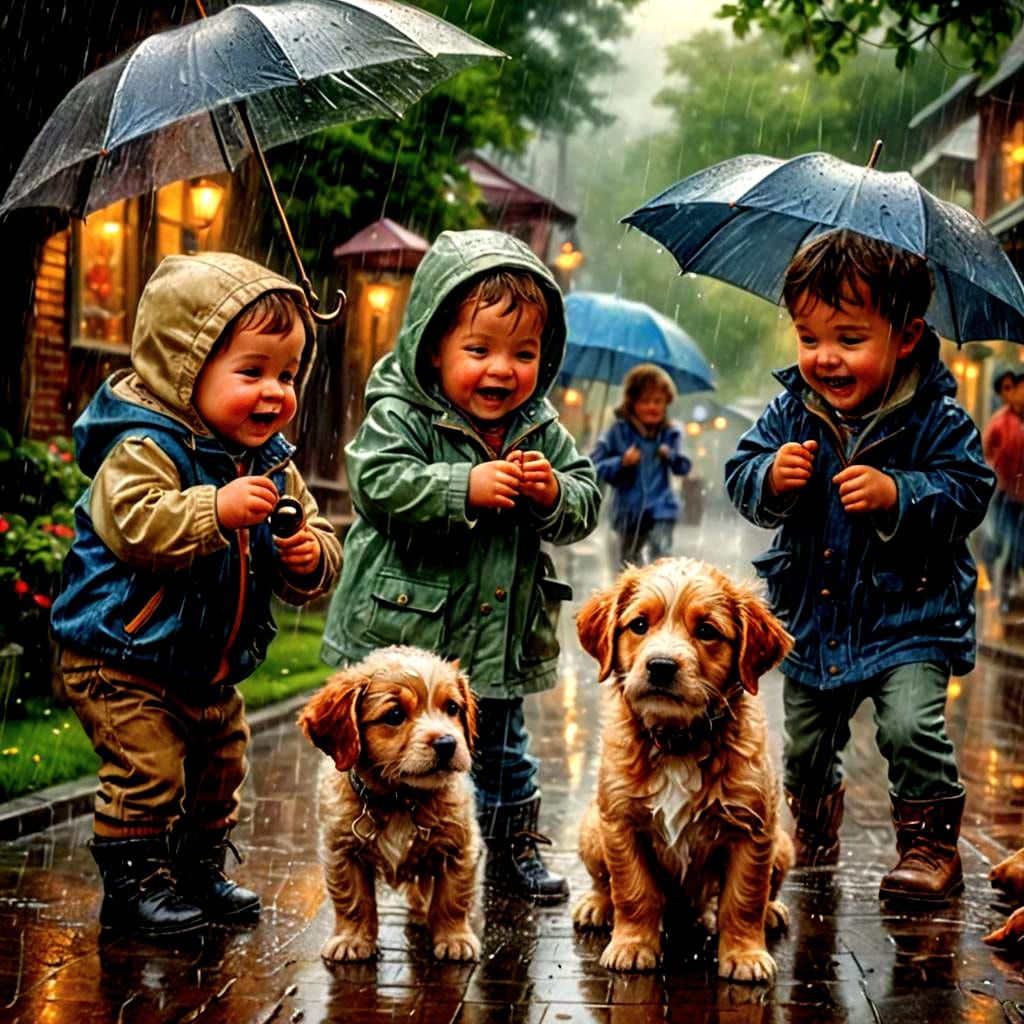 Babies and Puppies Play in Ethereal Fantasy Rain