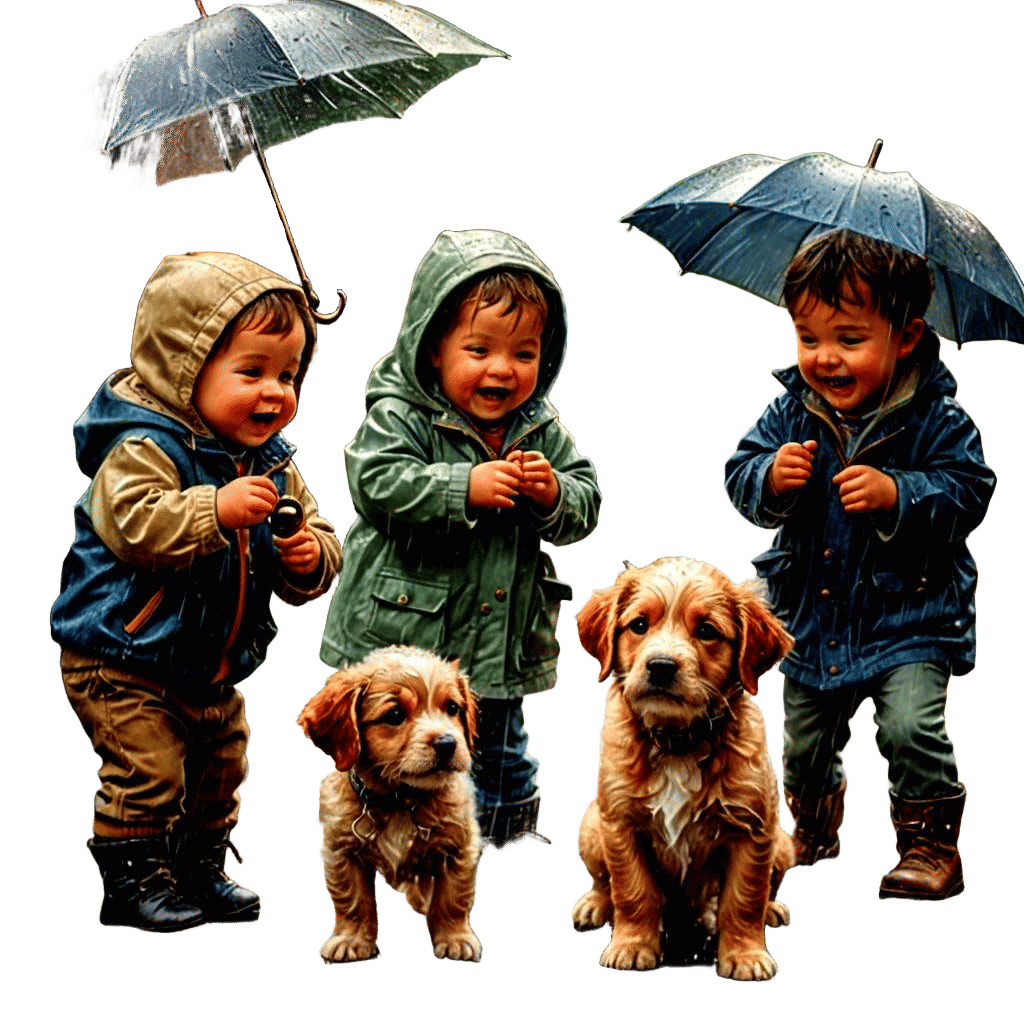 Babies and Puppies Playing in Rainy Ethereal Fantasy
