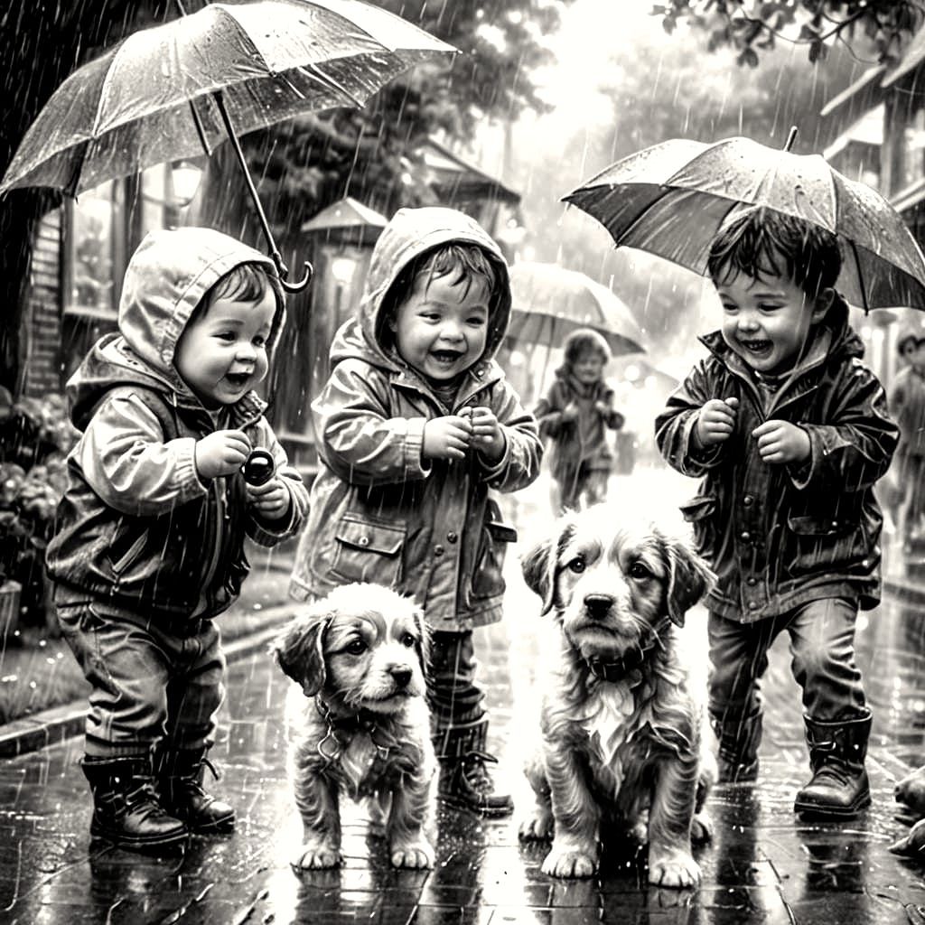 Happy Babies and Puppies Playing in Ethereal Rain