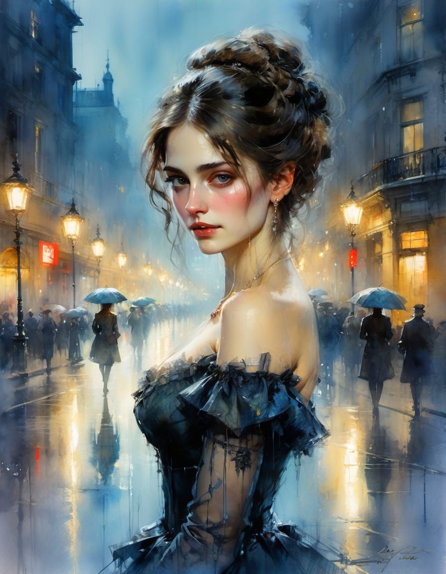 Victorian Woman Portrait in Rainy Night Watercolor