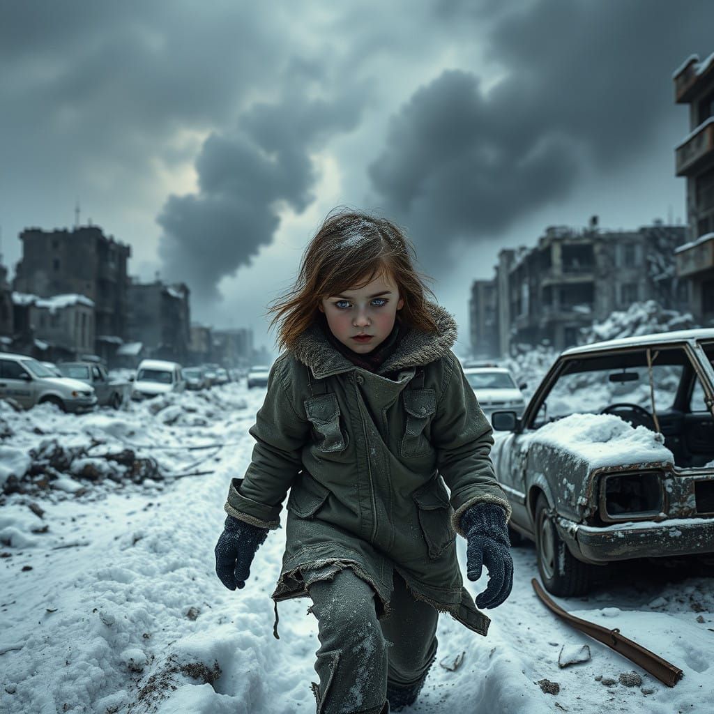 Young Survivor Trudges Through Ash-Covered Wasteland
