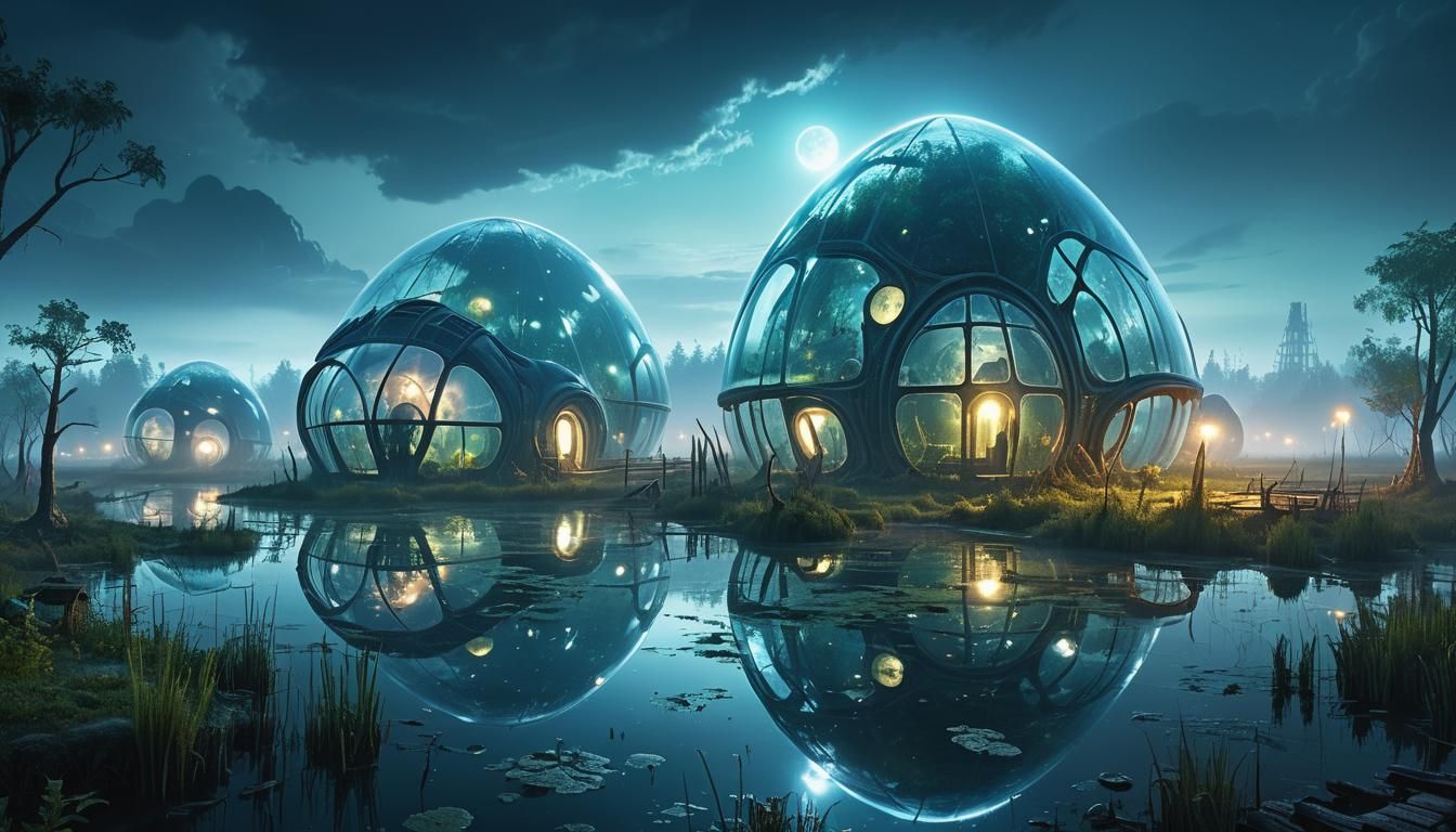 Futuristic Glass Habitat on Alien Swamp World