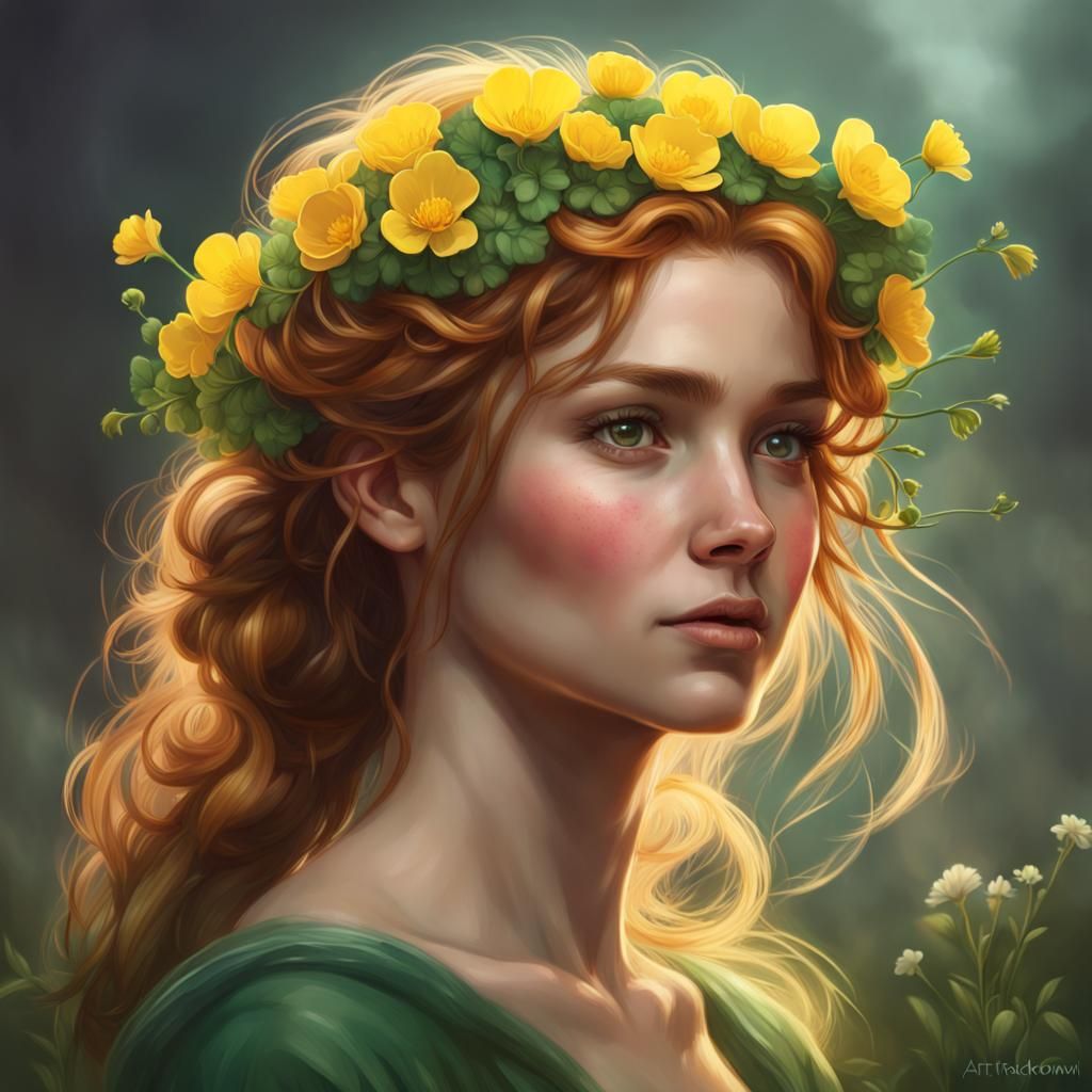 Irish Girl Portrait with Buttercups, Hyperdetailed Art