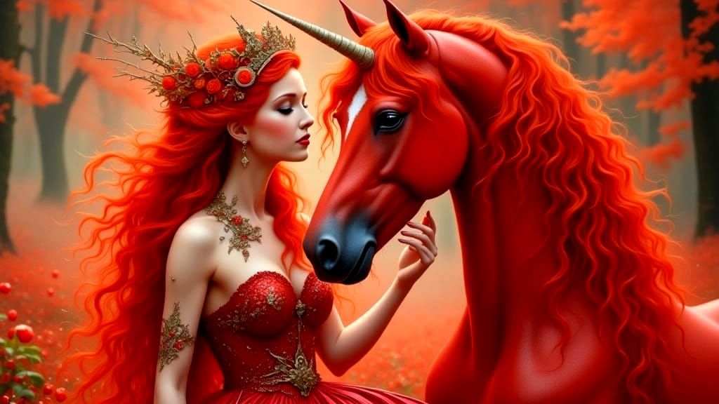 Fiery Red-Headed Fairy Petting Unicorn