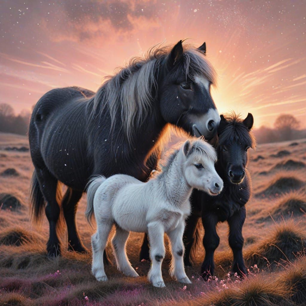 Shetland Pony and Foal: Charcoal and Pencil Drawing