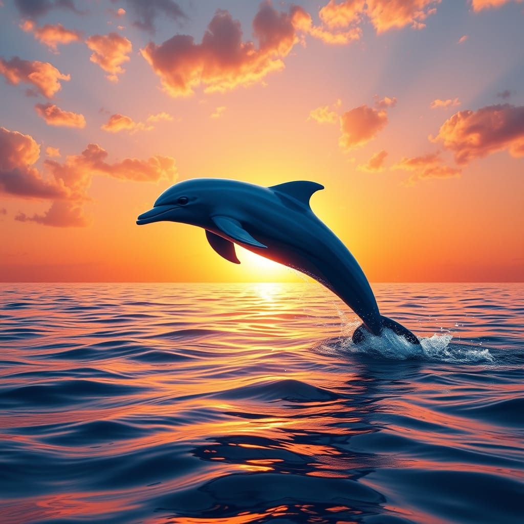 An impressive image showing a blue dolphin jumping out of the water at sunset. The sun is on the horizon, surrounded by ...