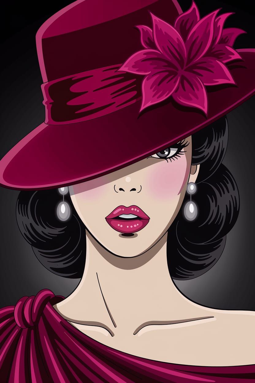 Woman in Red Hat on Dark Background, Elegant Oil Painting St...