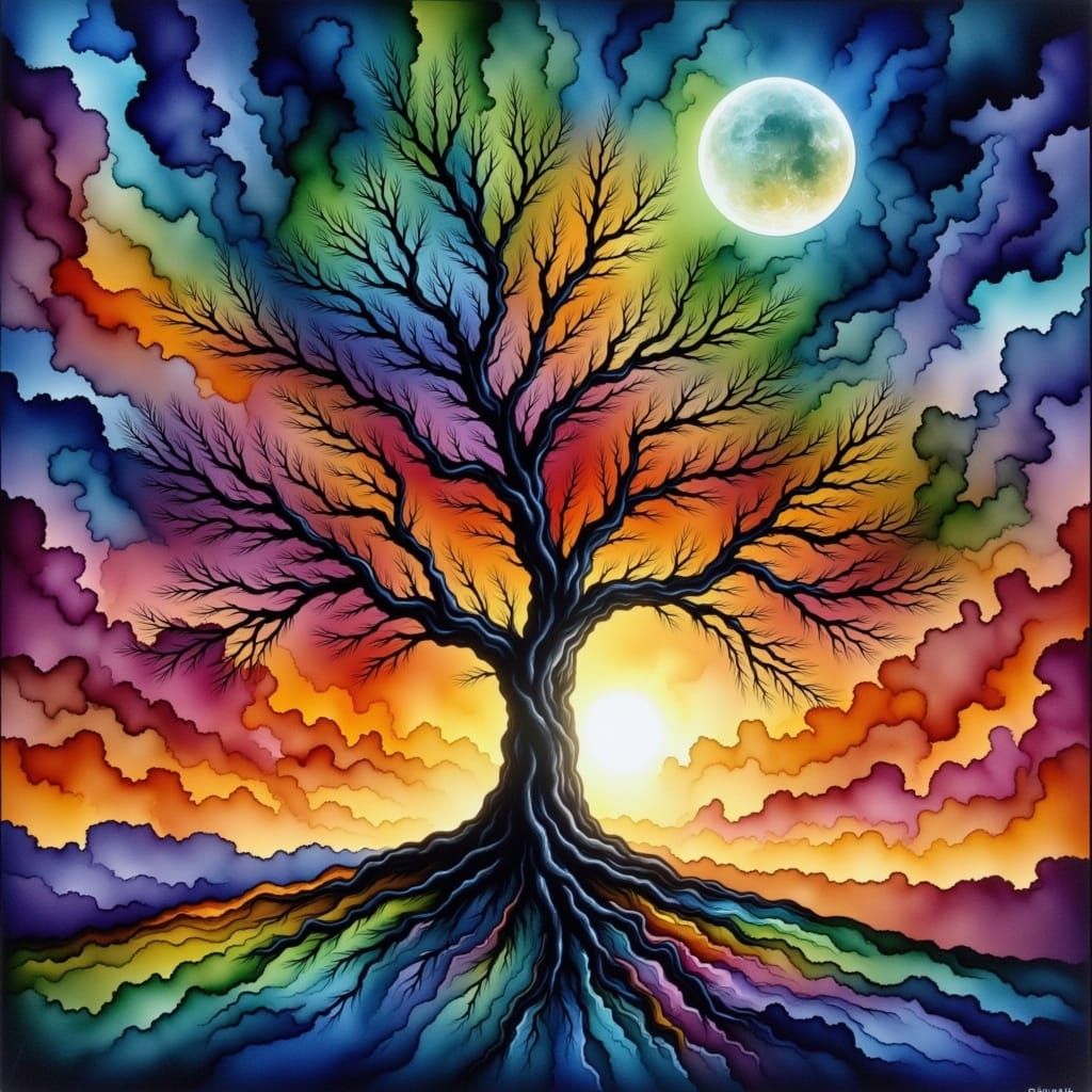 A Gouache Painting of a Lone Tree Under a Celestial Moonlit ...