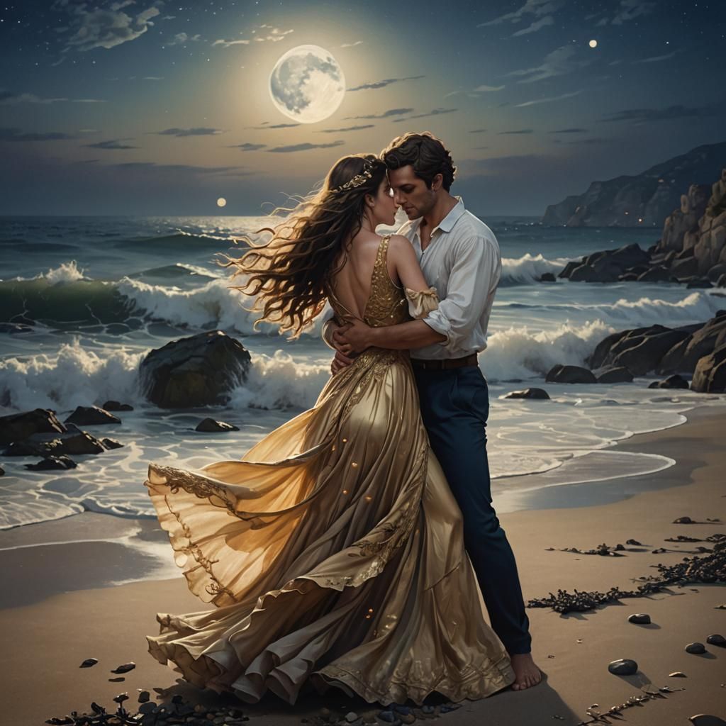 Romantic Couple Dancing on Moonlit Beach