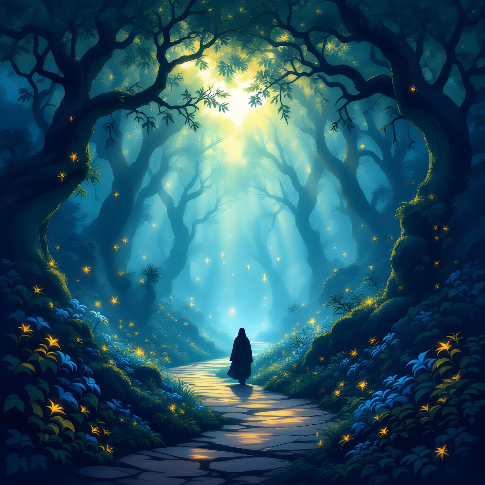 Ethereal Forest Path Illuminated by Divine Light