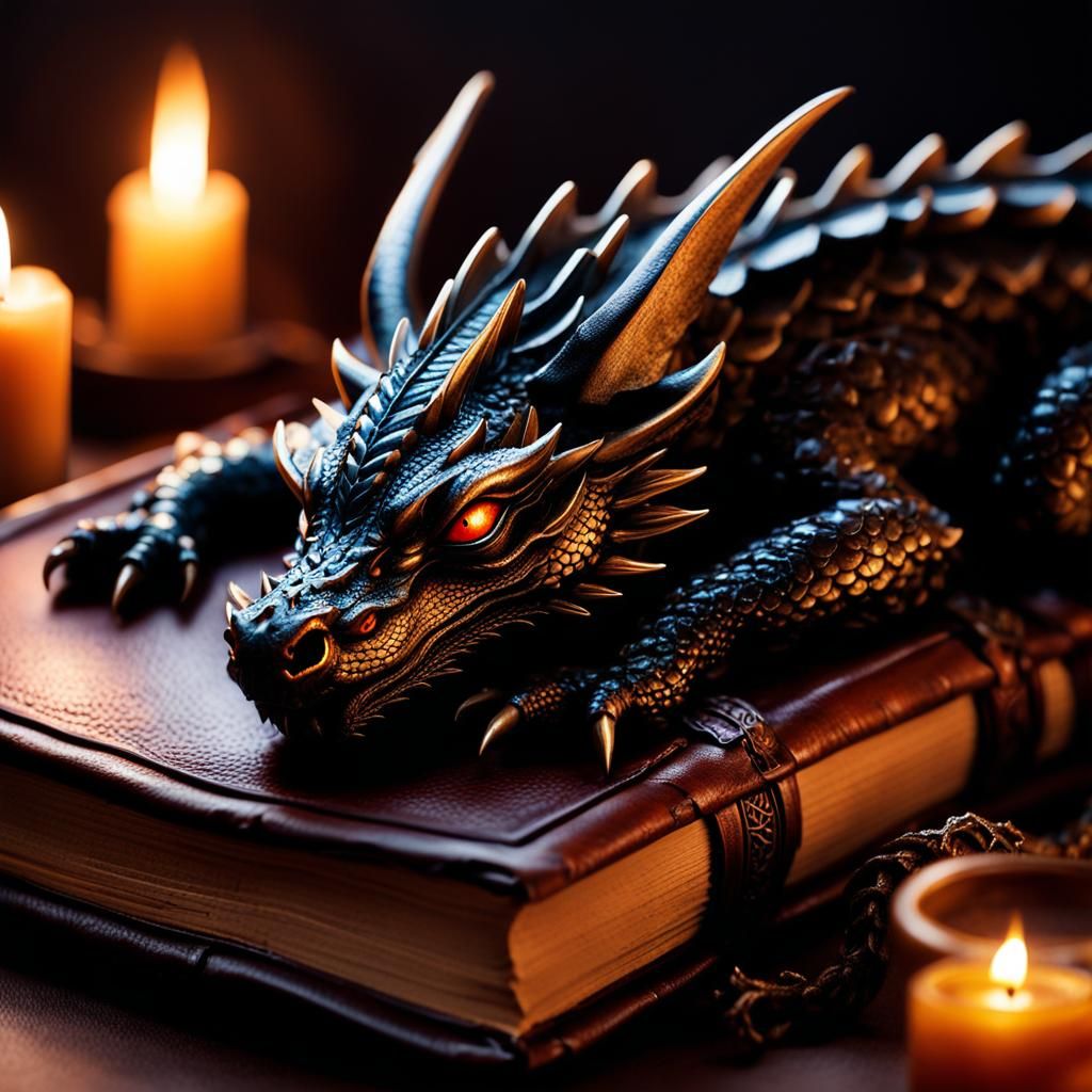 Dragon Asleep on Ancient Book in Dark Fantasy Style