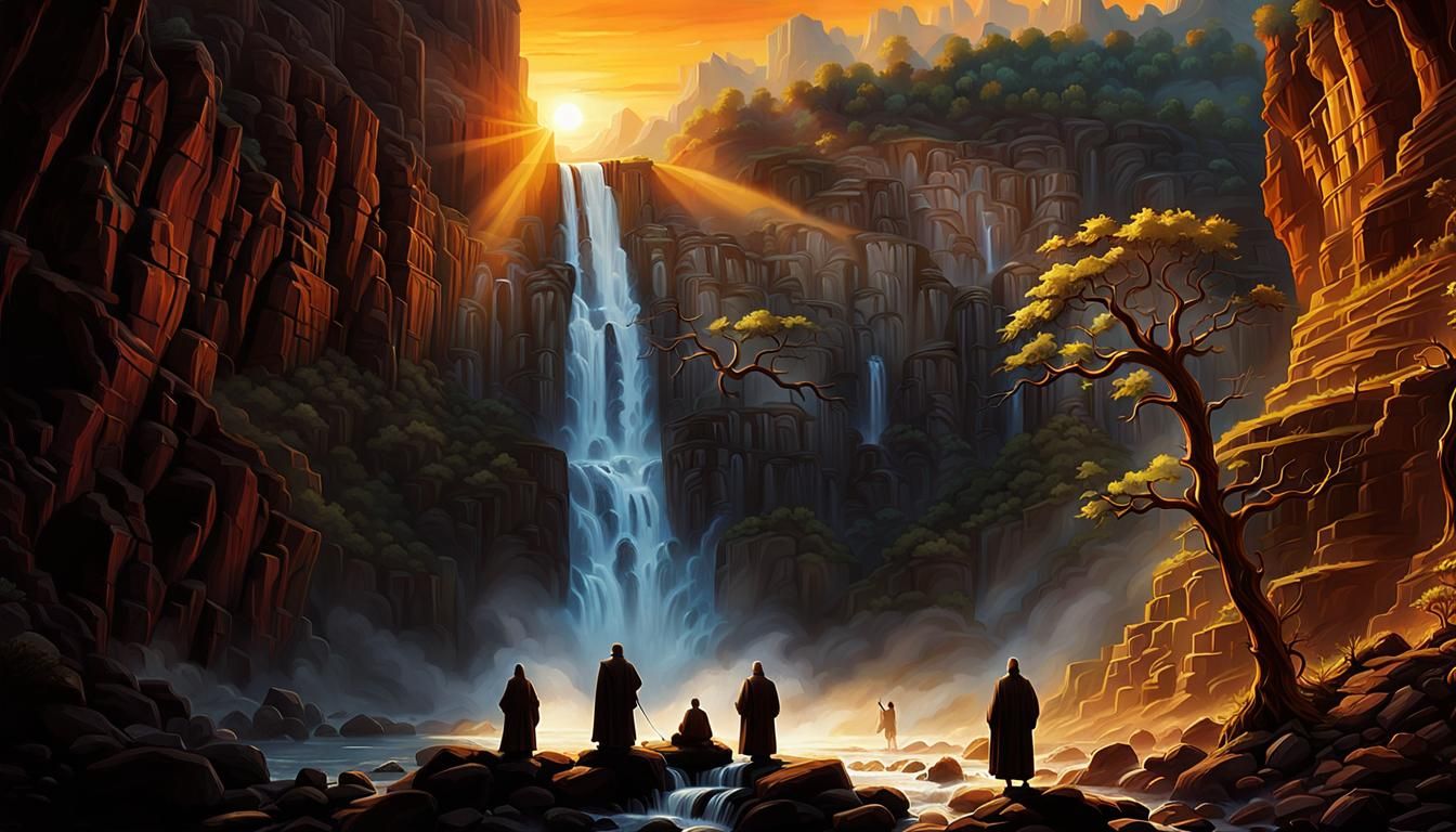 Epic Waterfall Canyon at Sunset in Dark Fantasy Style