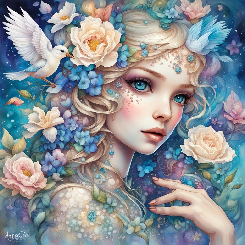 Happy Blonde Girl Portrait in Alcohol Ink Art